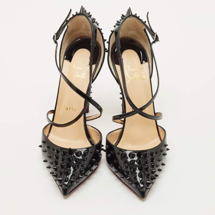 Pre Owned Christian Louboutin Black Patent Leather Goldocross Spike Pumps Size 37.5
