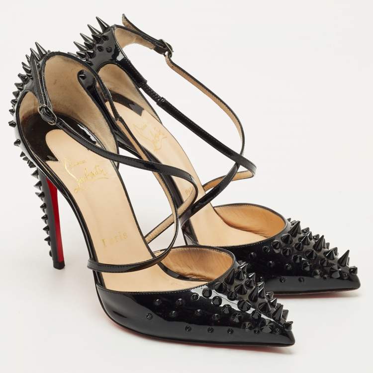 Pre Owned Christian Louboutin Black Patent Leather Goldocross Spike Pumps Size 37.5