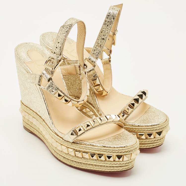Pre Owned Christian Louboutin Gold Leather Cataclou Wedge Sandals Size 40