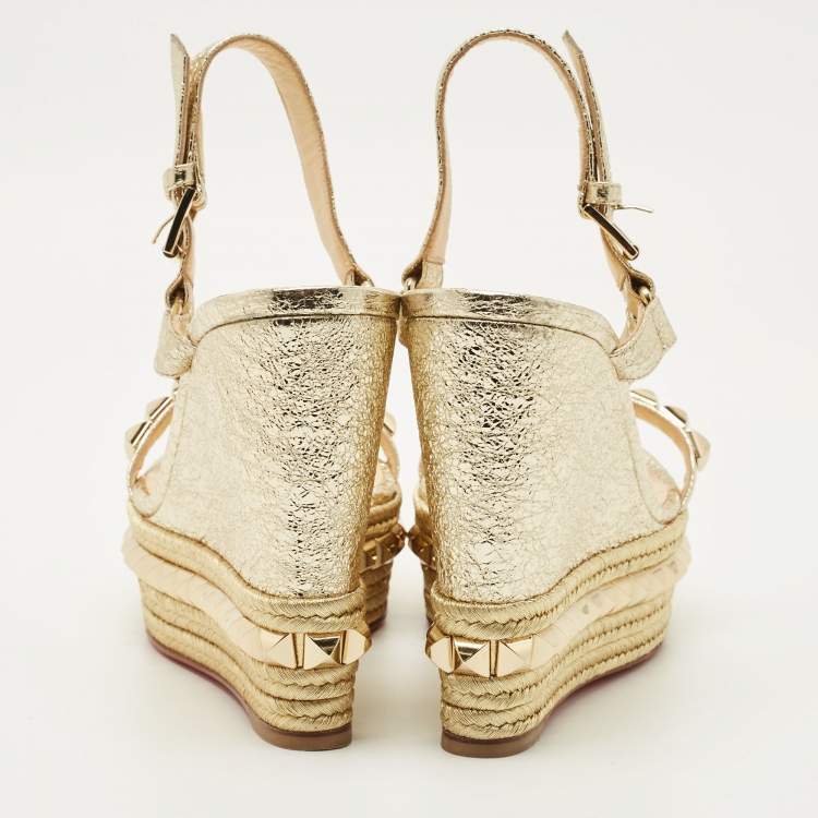 Pre Owned Christian Louboutin Gold Leather Cataclou Wedge Sandals Size 40