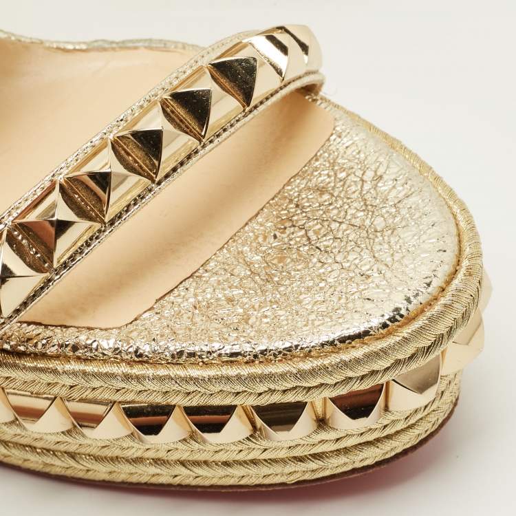 Pre Owned Christian Louboutin Gold Leather Cataclou Wedge Sandals Size 40