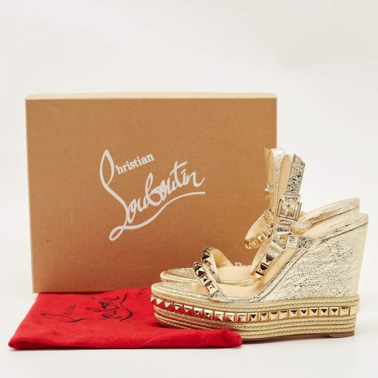 Pre Owned Christian Louboutin Gold Leather Cataclou Wedge Sandals Size 40