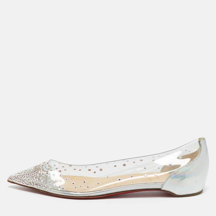Pre Owned Christian Louboutin Silver/Transparent Leather and PVC Crystal Embellished Degrassita Ballet Flats Size 37