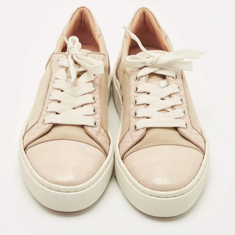 Pre Owned Christian Louboutin Cream/Beige Canvas and Croc Embossed Leather Vieirissima Low Top Sneakers Size 38