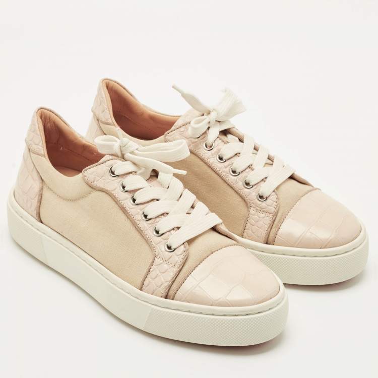 Pre Owned Christian Louboutin Cream/Beige Canvas and Croc Embossed Leather Vieirissima Low Top Sneakers Size 38