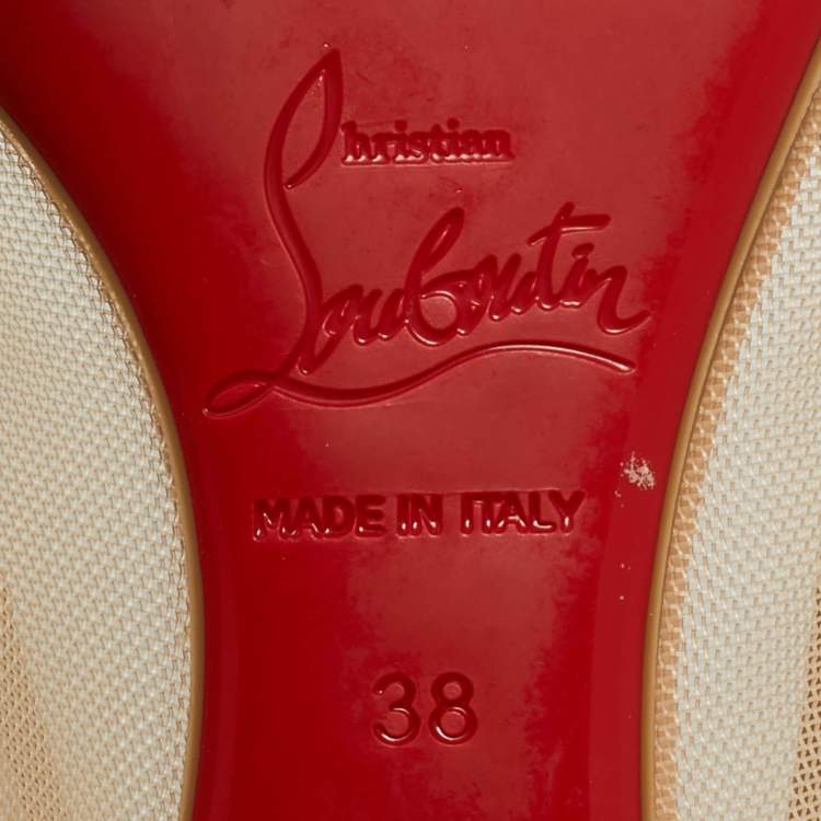 Pre Owned Christian Louboutin Beige Mesh and Patent Leather Bow Pointed Toe Ballet Flats Size 38