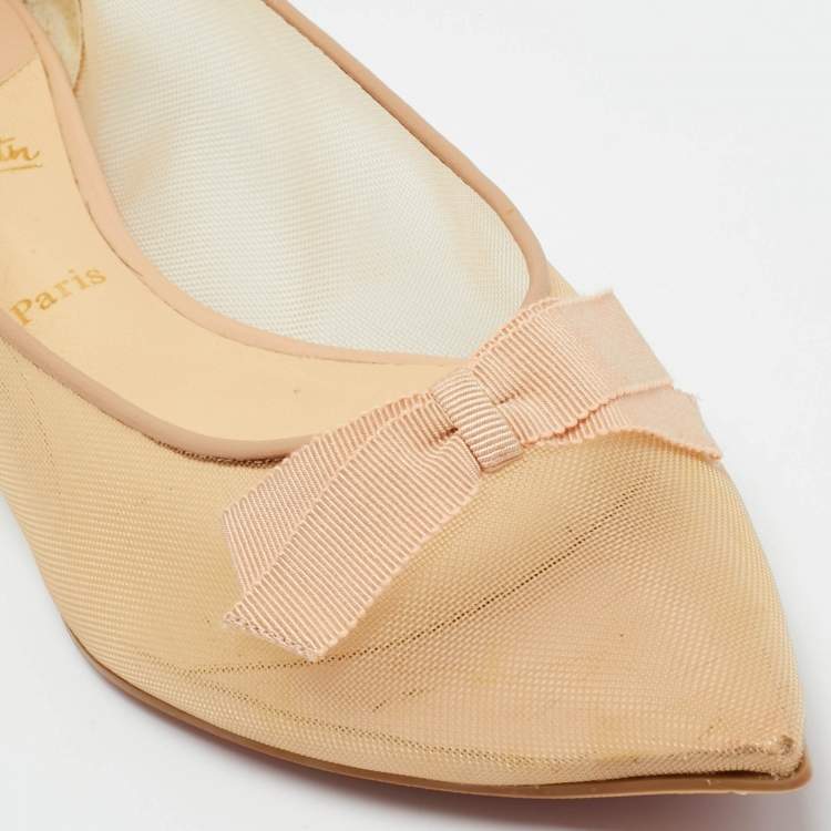 Pre Owned Christian Louboutin Beige Mesh and Patent Leather Bow Pointed Toe Ballet Flats Size 38