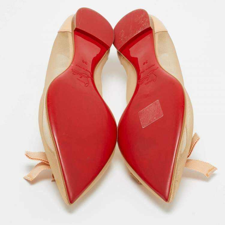 Pre Owned Christian Louboutin Beige Mesh and Patent Leather Bow Pointed Toe Ballet Flats Size 38