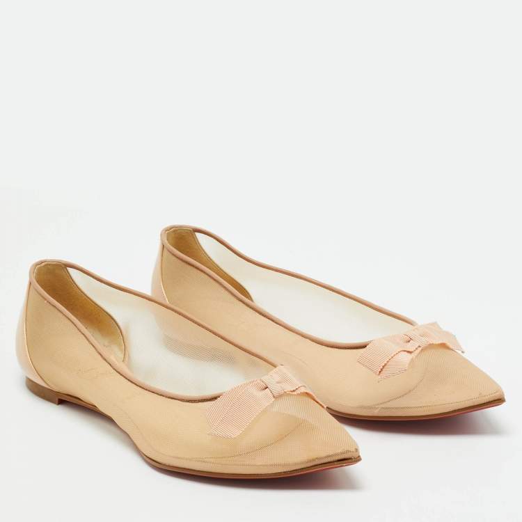 Pre Owned Christian Louboutin Beige Mesh and Patent Leather Bow Pointed Toe Ballet Flats Size 38