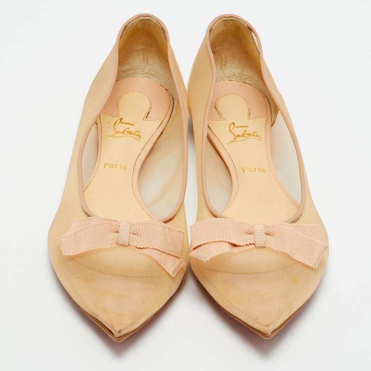 Pre Owned Christian Louboutin Beige Mesh and Patent Leather Bow Pointed Toe Ballet Flats Size 38