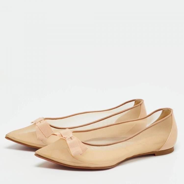 Pre Owned Christian Louboutin Beige Mesh and Patent Leather Bow Pointed Toe Ballet Flats Size 38