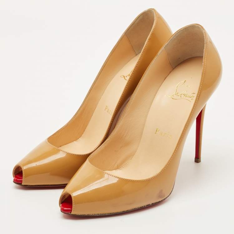 Pre Owned Christian Louboutin Beige Patent Leather Very Prive Peep Toe Pumps Size 37