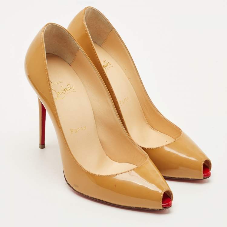 Pre Owned Christian Louboutin Beige Patent Leather Very Prive Peep Toe Pumps Size 37