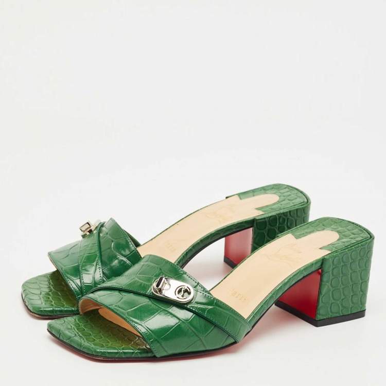 Pre Owned Christian Louboutin Green Croc Embossed Leather Lock Art Slide Sandals Size 38