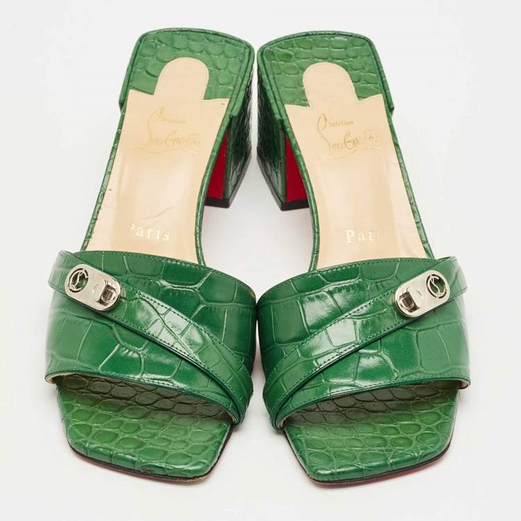 Pre Owned Christian Louboutin Green Croc Embossed Leather Lock Art Slide Sandals Size 38