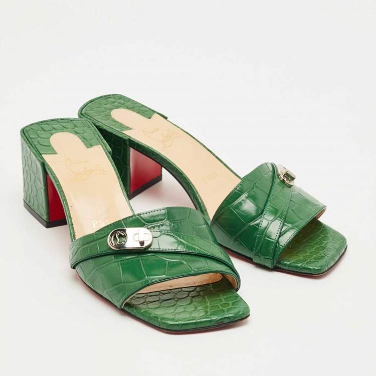 Pre Owned Christian Louboutin Green Croc Embossed Leather Lock Art Slide Sandals Size 38