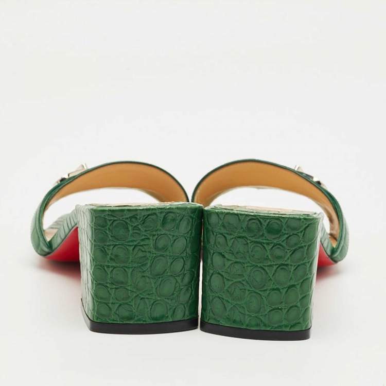 Pre Owned Christian Louboutin Green Croc Embossed Leather Lock Art Slide Sandals Size 38