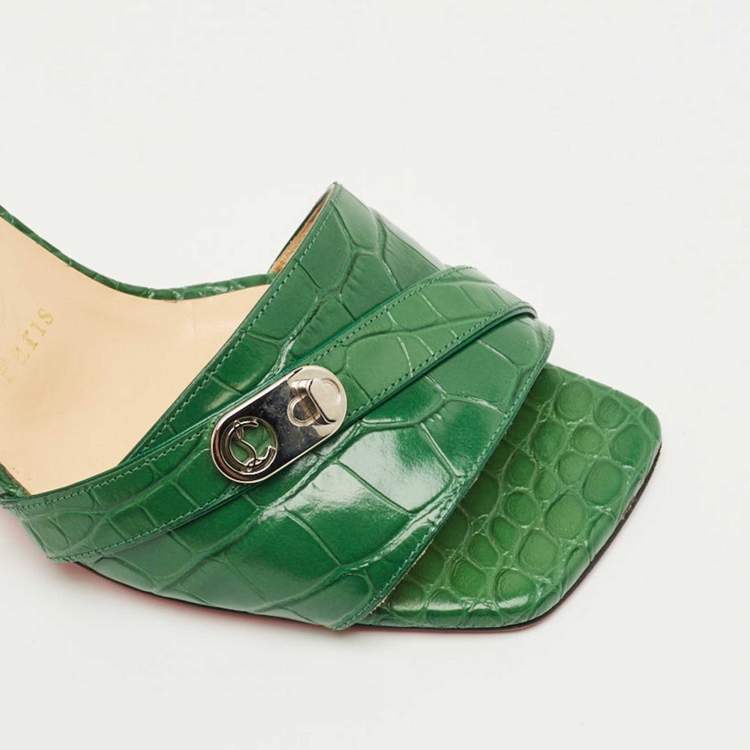 Pre Owned Christian Louboutin Green Croc Embossed Leather Lock Art Slide Sandals Size 38