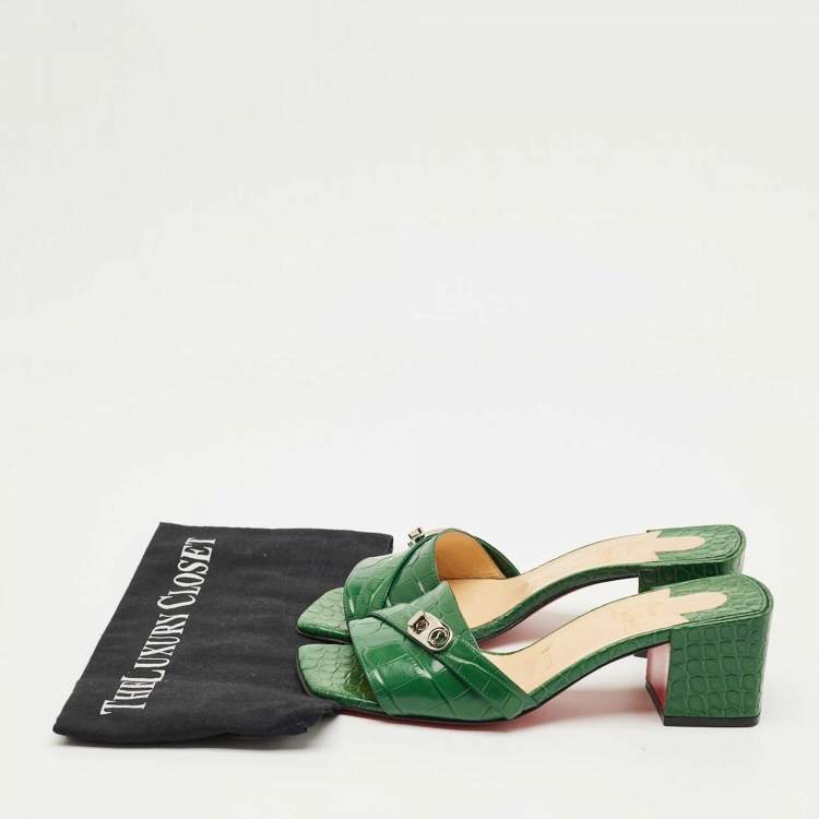 Pre Owned Christian Louboutin Green Croc Embossed Leather Lock Art Slide Sandals Size 38