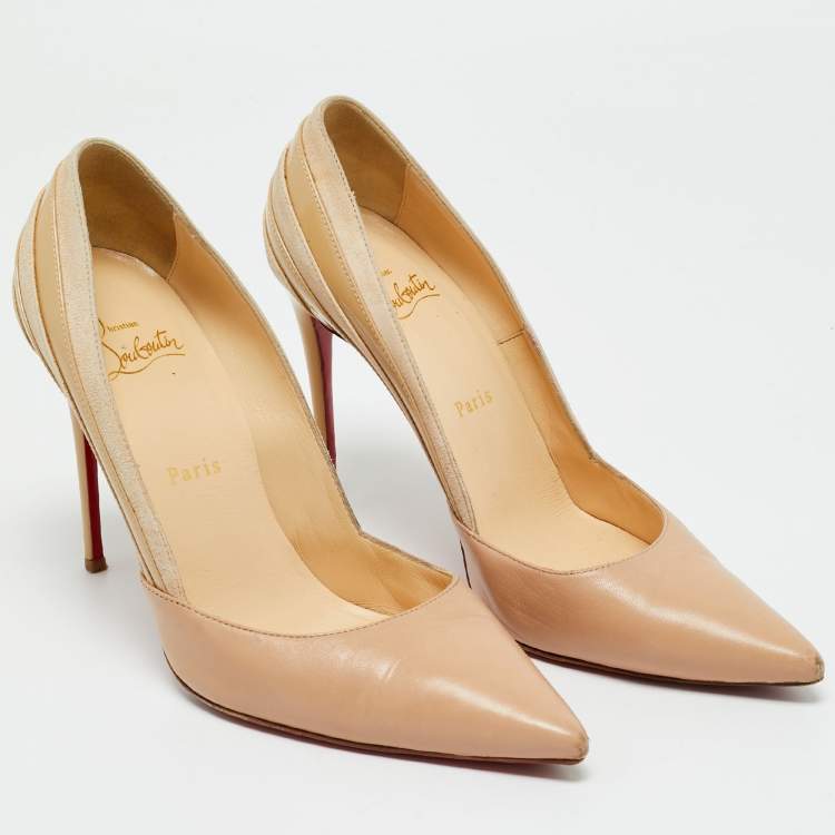 مملوكة مسبقًا Christian Louboutin Beige Leather And Suede Pointed Toe Pumps Size 38.5