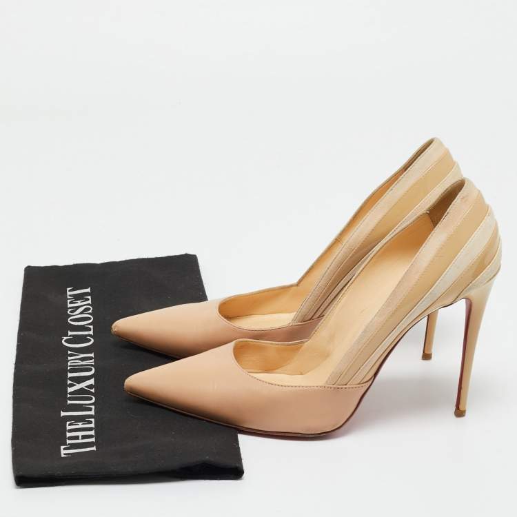 مملوكة مسبقًا Christian Louboutin Beige Leather And Suede Pointed Toe Pumps Size 38.5
