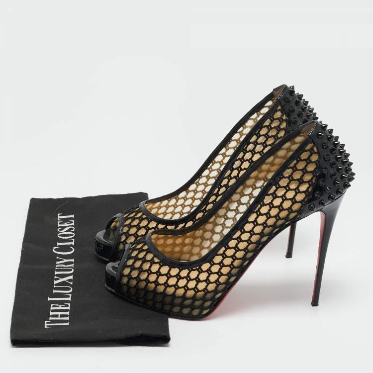 Pre Owned Christian Louboutin Black Patent Leather and Mesh Guni Spiked Peep Toe Platform Pumps Size 40.5