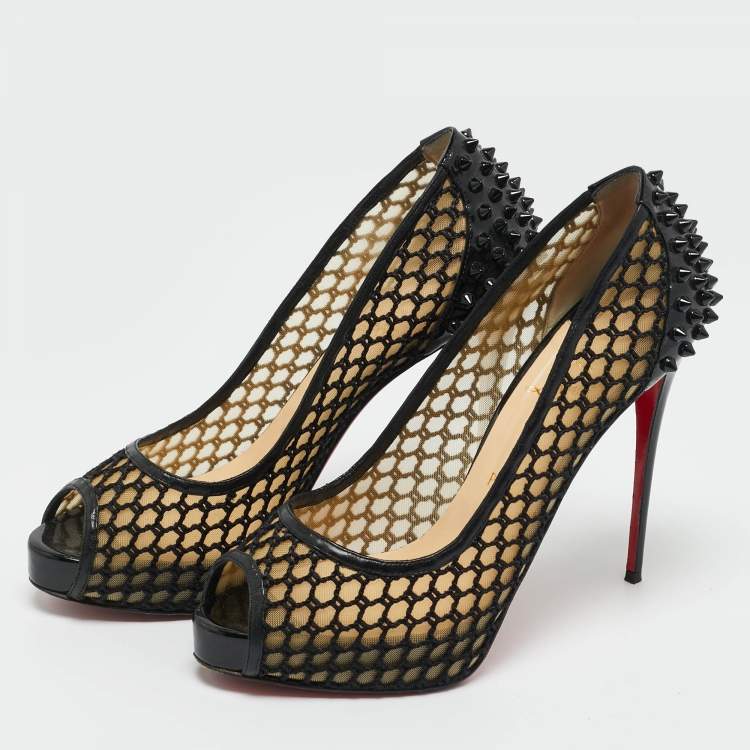 Pre Owned Christian Louboutin Black Patent Leather and Mesh Guni Spiked Peep Toe Platform Pumps Size 40.5