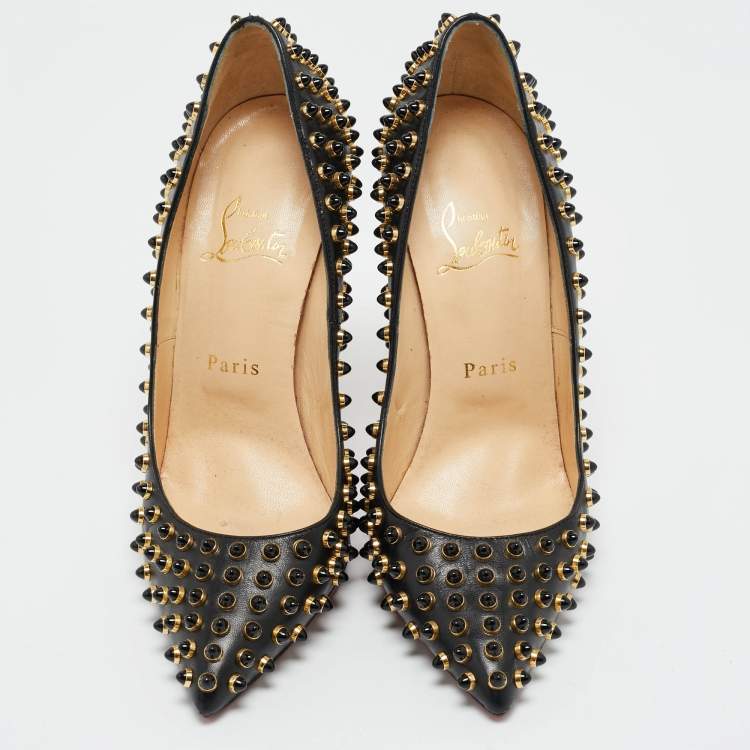 Pre Owned Christian Louboutin Black Leather Pigalle Spikes Pumps Size 38.5