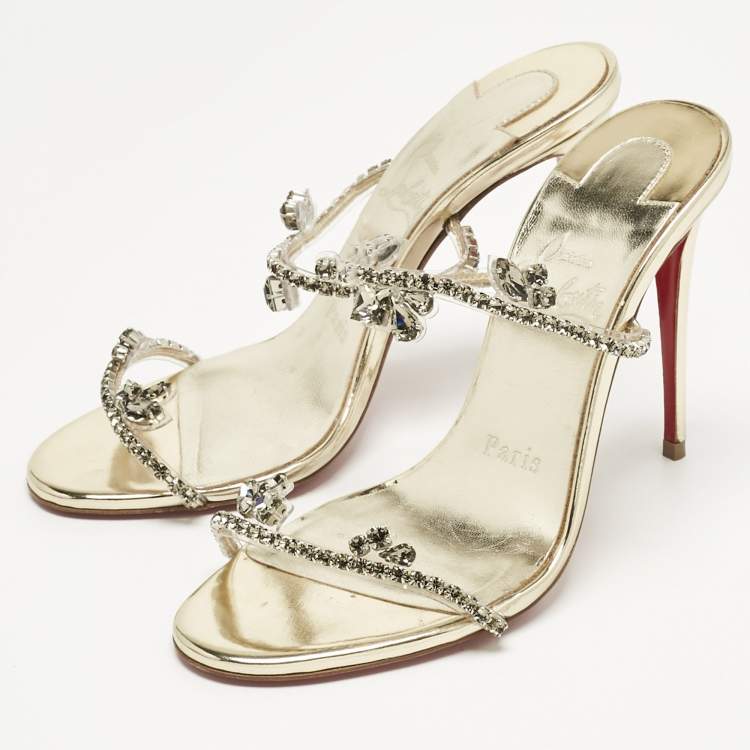 Pre Owned Christian Louboutin Gold Patent Leather and PVC Just Queen Slide Sandals Size 36