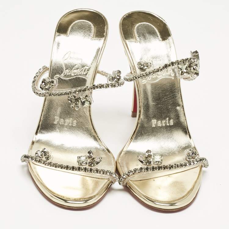 Pre Owned Christian Louboutin Gold Patent Leather and PVC Just Queen Slide Sandals Size 36