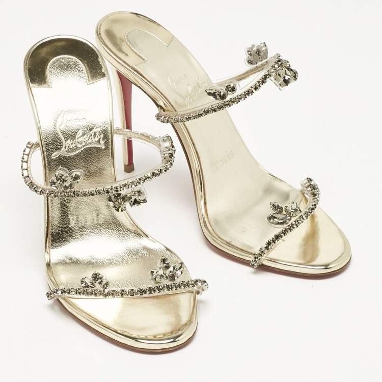 Pre Owned Christian Louboutin Gold Patent Leather and PVC Just Queen Slide Sandals Size 36
