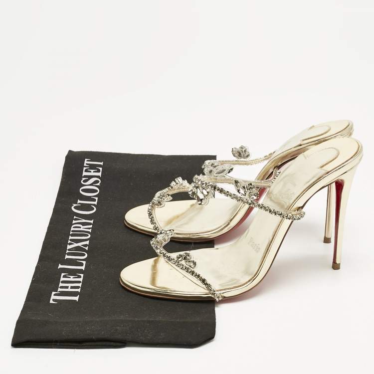 Pre Owned Christian Louboutin Gold Patent Leather and PVC Just Queen Slide Sandals Size 36