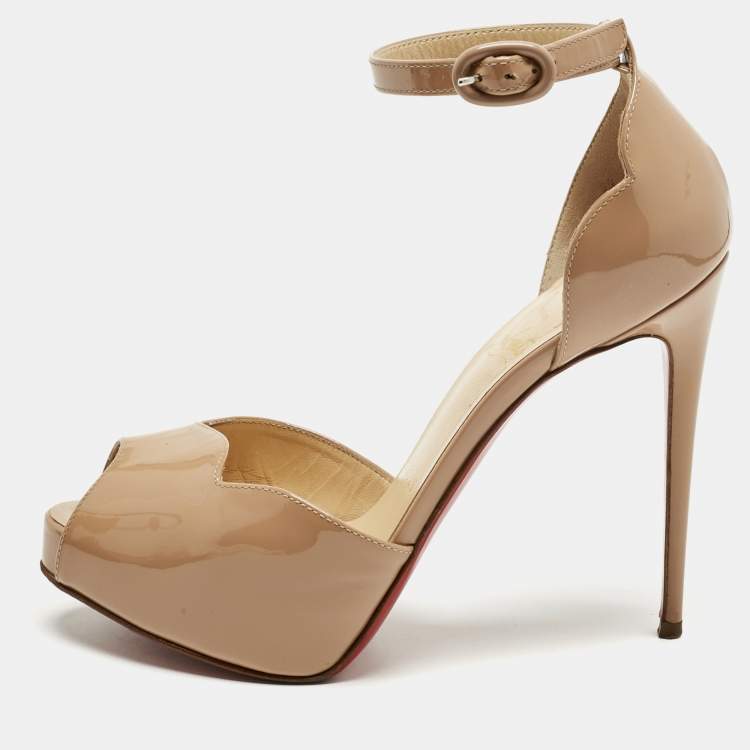 Pre Owned Christian Louboutin Beige Patent Leather Aketata Peep Toe Pumps Size 35.5