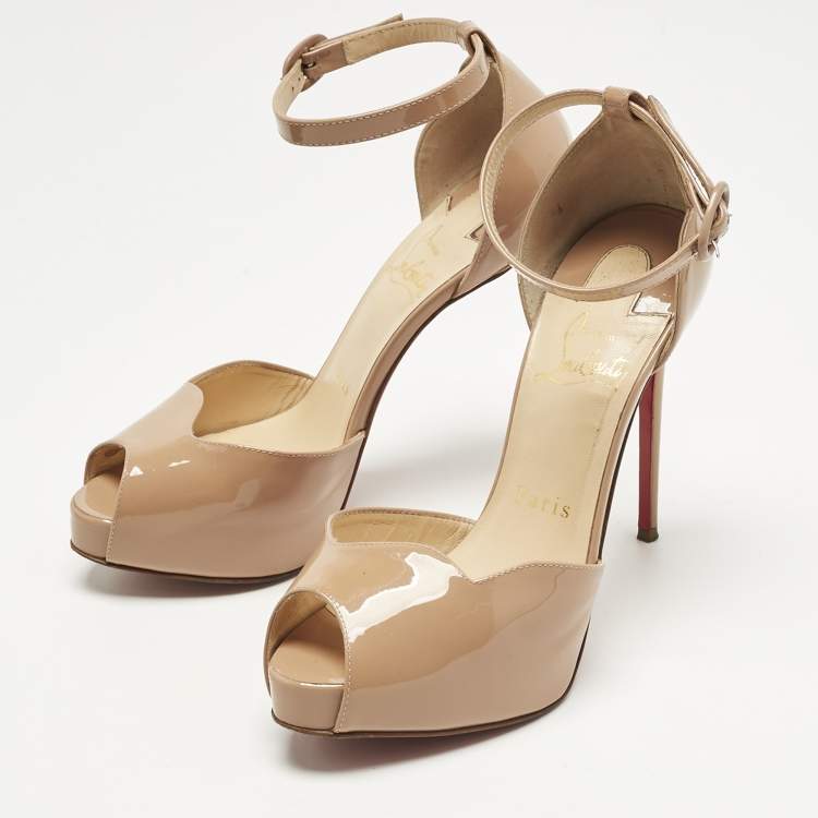 Pre Owned Christian Louboutin Beige Patent Leather Aketata Peep Toe Pumps Size 35.5