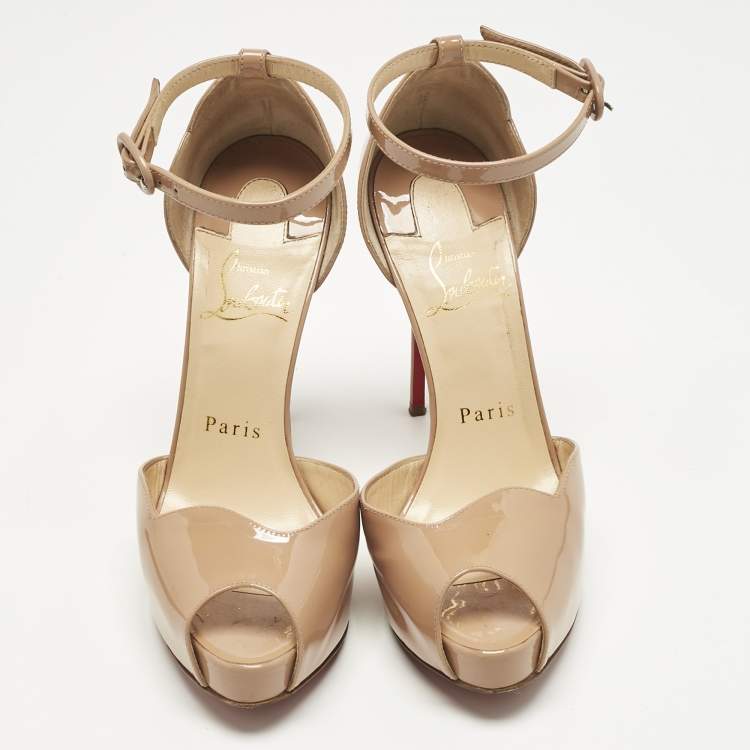 Pre Owned Christian Louboutin Beige Patent Leather Aketata Peep Toe Pumps Size 35.5