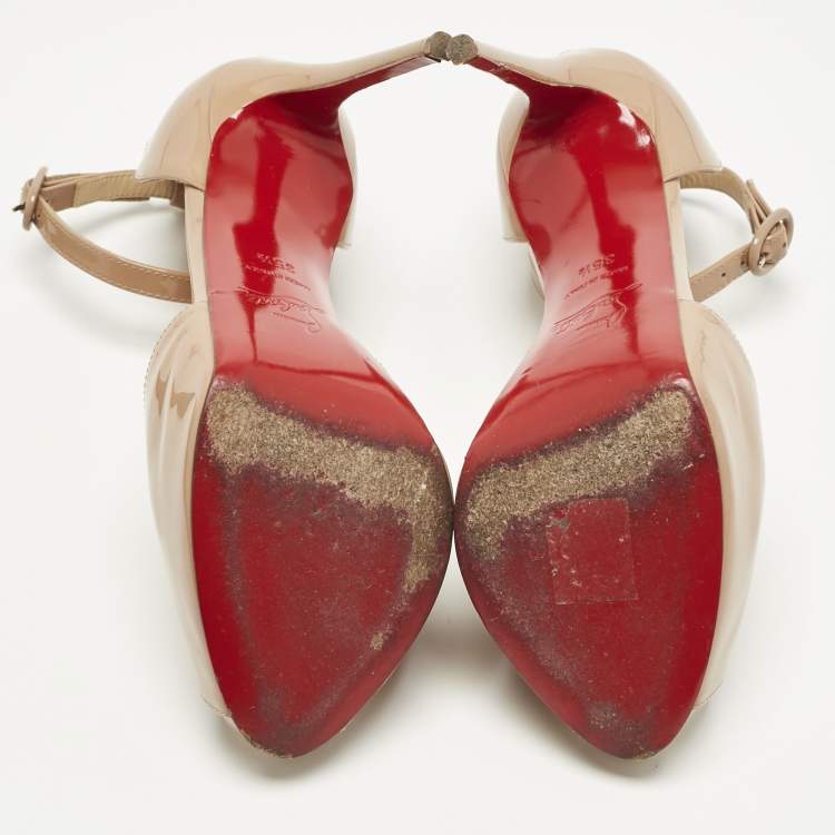 Pre Owned Christian Louboutin Beige Patent Leather Aketata Peep Toe Pumps Size 35.5
