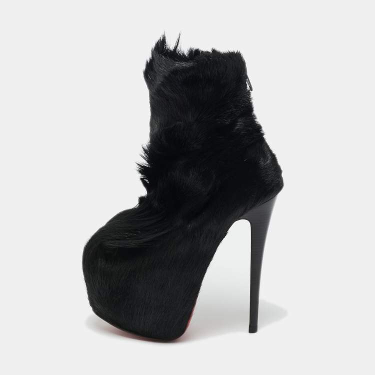 Pre Owned Christian Louboutin Black Calf Hair Puck Ankle Length Boots Size 35.5