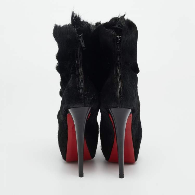 Pre Owned Christian Louboutin Black Calf Hair Puck Ankle Length Boots Size 35.5