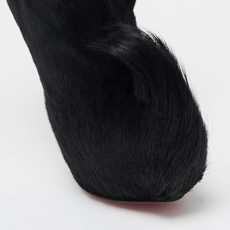 Pre Owned Christian Louboutin Black Calf Hair Puck Ankle Length Boots Size 35.5