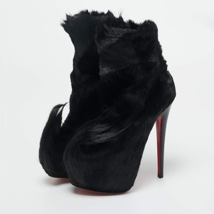 Pre Owned Christian Louboutin Black Calf Hair Puck Ankle Length Boots Size 35.5