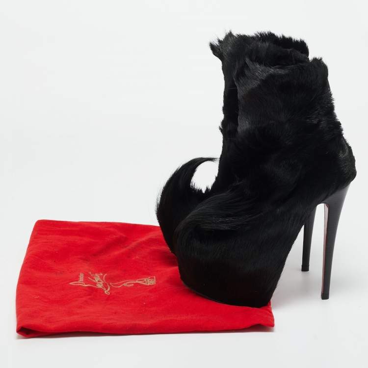 Pre Owned Christian Louboutin Black Calf Hair Puck Ankle Length Boots Size 35.5