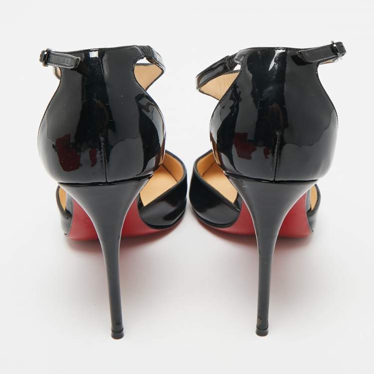Pre Owned Christian Louboutin Black Patent Leather J String T-Strap Pumps Size 35.5