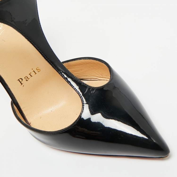 Pre Owned Christian Louboutin Black Patent Leather J String T-Strap Pumps Size 35.5
