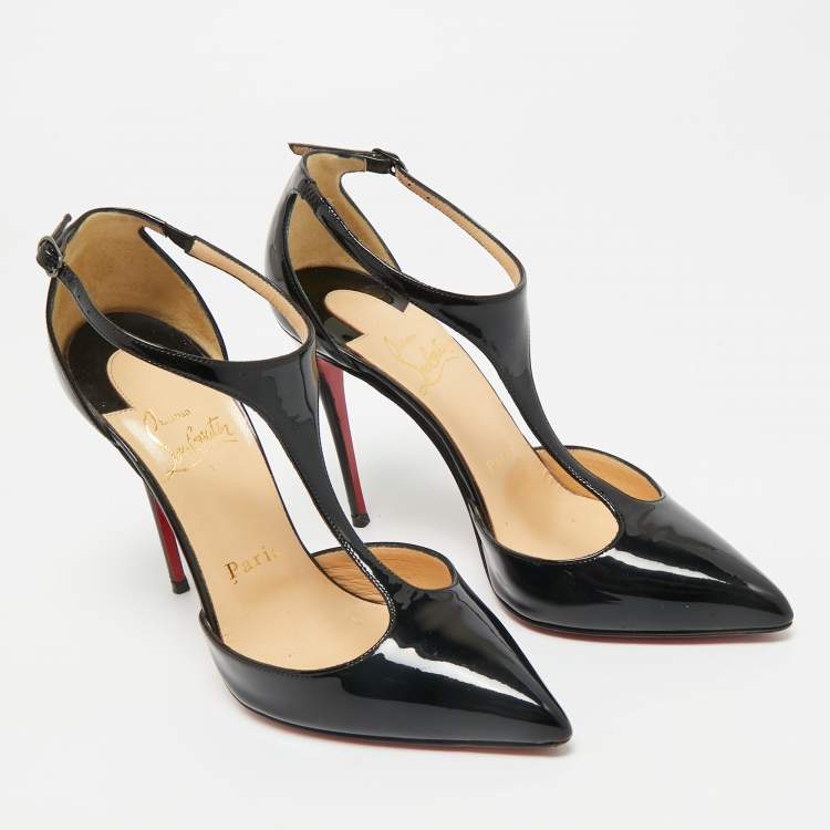 Pre Owned Christian Louboutin Black Patent Leather J String T-Strap Pumps Size 35.5