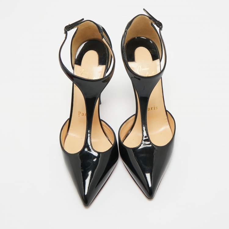 Pre Owned Christian Louboutin Black Patent Leather J String T-Strap Pumps Size 35.5
