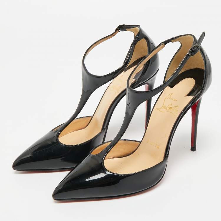 Pre Owned Christian Louboutin Black Patent Leather J String T-Strap Pumps Size 35.5