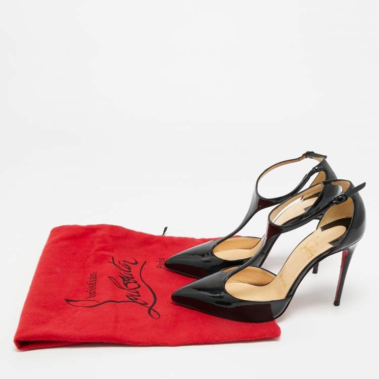 Pre Owned Christian Louboutin Black Patent Leather J String T-Strap Pumps Size 35.5