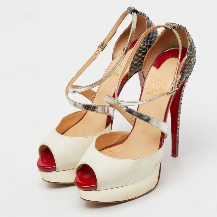 Pre Owned Christian Louboutin Multicolor Python and Leather Crisscross Peep Toe Platform Pumps Size 38