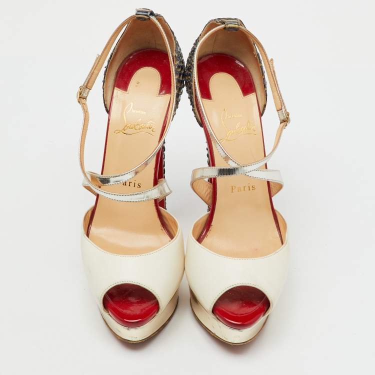 Pre Owned Christian Louboutin Multicolor Python and Leather Crisscross Peep Toe Platform Pumps Size 38