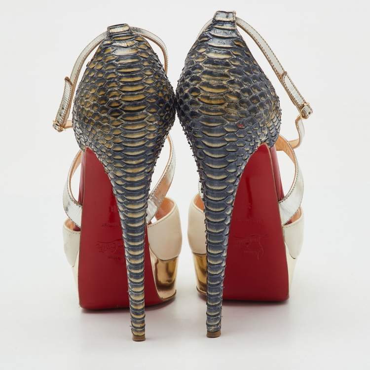 Pre Owned Christian Louboutin Multicolor Python and Leather Crisscross Peep Toe Platform Pumps Size 38
